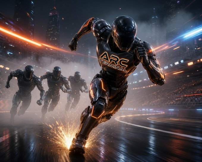 The image features a group of robots running at high speeds, with one robot wearing a helmet that says "ARC" on it. The scene takes place in an airport terminal, where several people are also present. The focus of the image is on the robot runner and their surroundings, as they navigate through the terminal together.