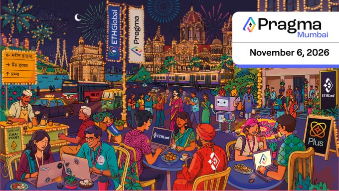 A colorful illustrated Mumbai nightlife scene includes “Pragma Mumbai” and the date “November 6, 2026,” with visible branding for “ETHGlobal” and “Pragma” among crowds, vehicles, food stalls, and waterfront buildings.