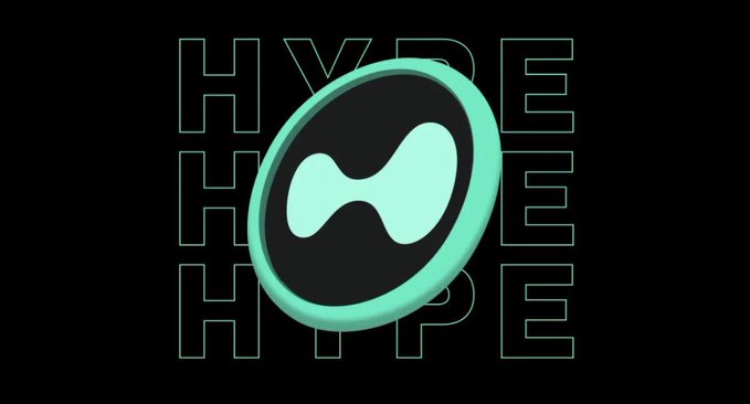 A 3D rendered cryptocurrency-style coin in teal and black featuring an hourglass or bowtie-shaped symbol in the center, with the word 'HYPE' repeated three times in outlined text behind it on a black background.