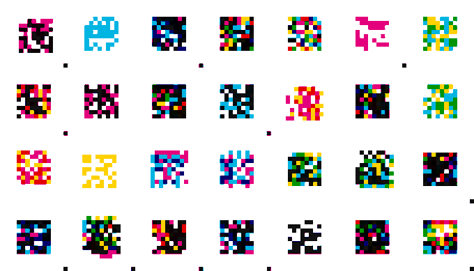 A grid of colorful pixelated retro-style alien or character sprites in CMYK colors on a white background.