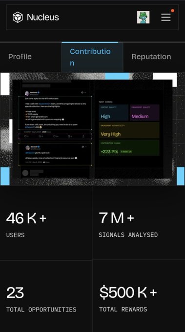 A screenshot of a mobile website or app called 'Nucleus' showing a 'Contribution' tab with statistics: 46K+ users, 7M+ signals analysed, 23 total opportunities, and $500K+ total rewards.