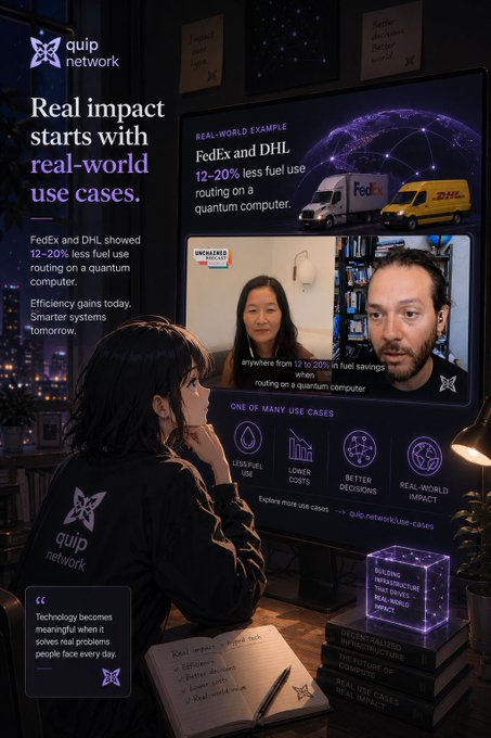 A promotional graphic for Quip Network features a woman watching a screen displaying a real-world case study about FedEx and DHL achieving 12-20% less fuel use through quantum computer routing, with sections on 'Less Fuel Use', 'Lower Costs', 'Better Decisions', and 'Real-World Impact'.