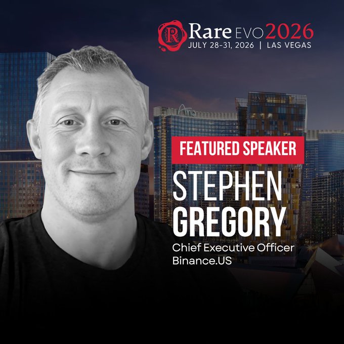A promotional graphic for Rare EVO 2026 (July 28-31, Las Vegas) featuring a black-and-white portrait of Stephen Gregory, identified as Chief Executive Officer of Binance.US, set against a Las Vegas skyline backdrop.