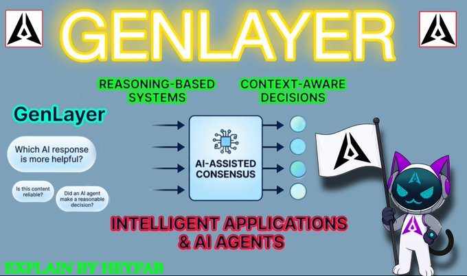The image shows a cartoon cat holding a flag, which has the words "Genlayer" written above it. The caption below the cat reads, "What Makes Genlayer Different From Traditional Blockchains? When people hear 'AI blockchain,' they often assume it's just another AI-powered blockchain." This post is about GenLayer and its unique approach to traditional blockchains.