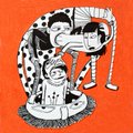 A small illustration of a stylized cat-like character with dark spots lying on an orange background, with a noose hanging beside it.