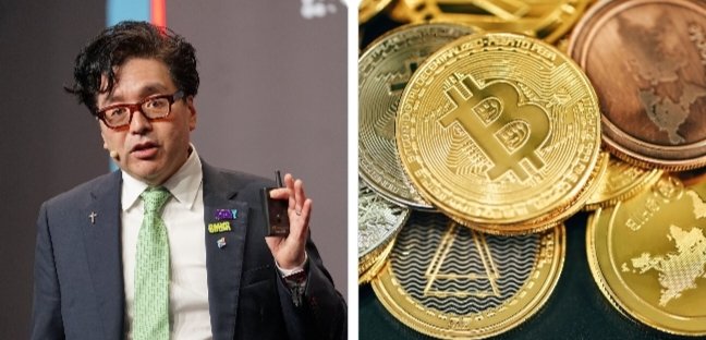 A man in a suit and tie, identified as Tom Lee based on the post context, is speaking while holding up a small device. The image is paired with a photo of gold Bitcoin tokens, visually reinforcing his view that crypto stands to benefit as a financial layer for AI-driven economic activity.