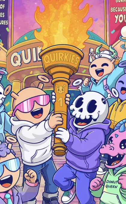 A colorful illustration features a group of cartoon characters celebrating, with one holding a flaming golden trophy labeled "QUIRKIES".