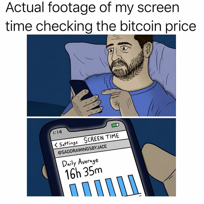 A two-panel meme by @saddrawingsbyjace captioned 'Actual footage of my screen time checking the bitcoin price,' showing a man in bed checking his phone, followed by a close-up of a Screen Time settings page showing a daily average of 16h 35m.