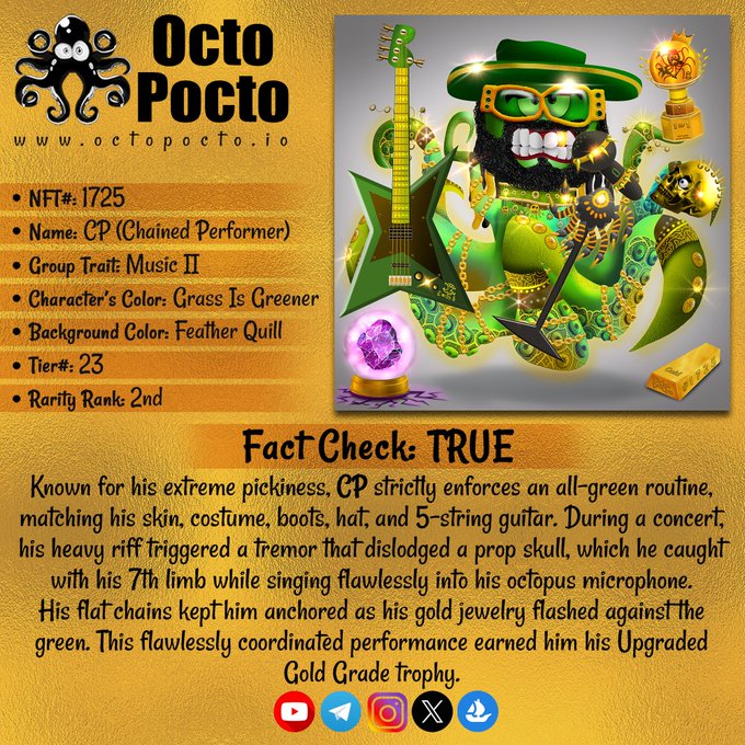 An OctoPocto NFT profile card (#1725 "CP - Chained Performer," Tier 23, 2nd Rarity Rank, Music II trait) showcases a green octopus musician in gold jewelry wielding a green guitar and microphone, verified with a "Fact Check: TRUE" stamp for its flawless all-green concert performance, promoting the upcoming OpenSea mint on August 8th.