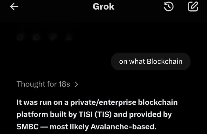 A screenshot of a Grok AI chat where the user asks 'on what Blockchain' and the AI responds that it was run on a private/enterprise blockchain platform built by TISI (TIS) and provided by SMBC, most likely Avalanche-based.