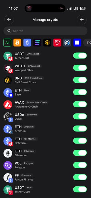 A Trust Wallet "Manage crypto" screen displays a list of enabled tokens across various networks (USDT, WETH, BNB, ETH, AVAX, USDe, POL, FF on Tron) with green toggle switches, illustrating the manual "Ignore Coin" toggles the post suggests could be streamlined with smarter default automations.