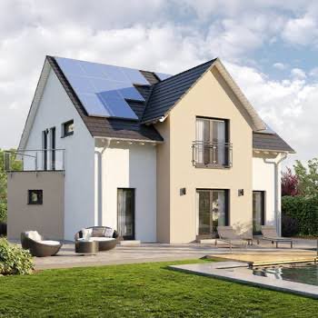 A modern two-story home with solar panels, a balcony, and a backyard pool illustrates the appeal of real estate investment, contrasting with the post's dilemma between making a house down payment or investing €100,000 into Bitcoin for a decade.