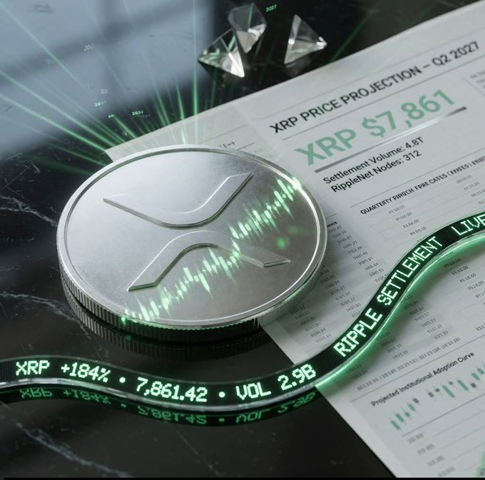 A physical representation of an XRP (Ripple) coin resting on financial documents showing 'XRP PRICE PROJECTION - Q2 2027' and '$7,861', surrounded by green digital ticker displays.