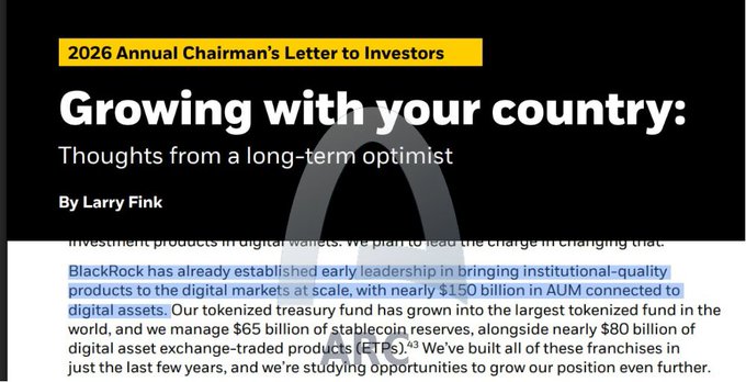 A screenshot of a webpage titled '2026 Annual Chairman's Letter to Investors' and 'Growing with your country: Thoughts from a long-term optimist' by Larry Fink, highlighting a passage about BlackRock's leadership in digital markets and ETFs.