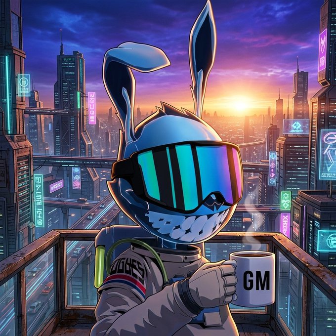 Cyberpunk-style digital art of a menacing bunny character wearing reflective blue/teal sunglasses and a tactical vest with a Russian flag patch, holding a white 'GM' coffee mug against a futuristic neon-lit cityscape at sunset.