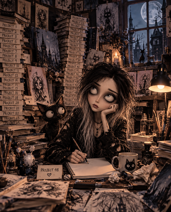 A gothic Tim Burton-style illustration shows a pale, dark-haired woman sitting at a cluttered desk with a black cat, surrounded by stacks of folders labeled 'PROJECT 1' through 'PROJECT 47' and a sign reading 'PROJECT 48' on a sketchbook, with spooky artwork and a moonlit window in the background.