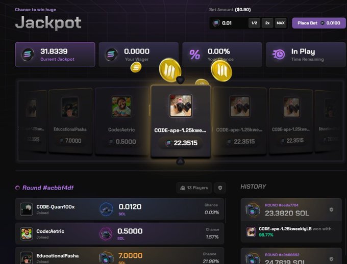 The image shows a computer screen displaying a game interface with various options for playing games, including a "JACKPOT" option. The text on the screen reads "These jackpots don't play! 22 SOL off a small bet is the kind of flip that changes your day try here solpumpio.io/a/VOLTIX". This message suggests that there are no jackpot options available in this particular game, and instead, it encourages players to make small bets for a chance at winning larger prizes.