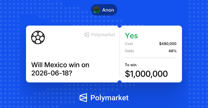 The image shows a blue background with white text that reads "Anon will Mexico win on 2026-06-18." The text also includes a question asking if the user wants to know the cost of winning $1,000,000 at the game.