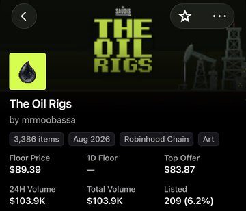 The image shows a Robinhood Chain NFT collection page for "The Oil Rigs" by mrmoobassa, with a floor price of $89.39 and 24H volume of $103.9K, which the accompanying post highlights as impressively outperforming Saudi Arabia's main NFT collection.