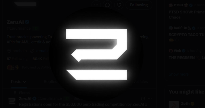 A glowing white stylized logo displayed over a darkened Twitter/X profile page for ZeruAI (@zerufinance), promoting a $50,000 perp trading competition.