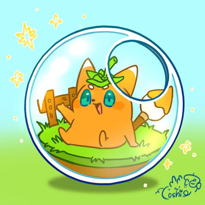 This vibrant artwork by @oshiosann features a cute orange axie, complete with a leaf-shaped hat and paintbrush, nestled in a bubble on a grassy landscape. The image perfectly captures the spirit of the post, "Axie Art Spotlight: @oshiosann Every Axie deserves a place to call home," showcasing a cozy and imaginative habitat for the beloved creature.