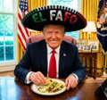 An AI-generated image labeled 'EL FAFA' showing a Donald Trump lookalike sitting at a desk with a plate of food, wearing a red tie in front of an American flag.