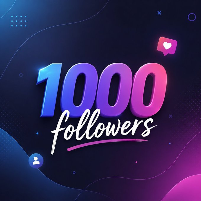 A digital graphic celebrating '1000 followers' with a neon-style purple and blue design.