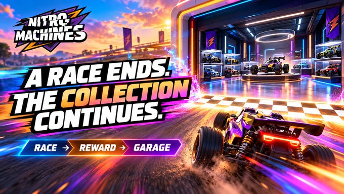 Promotional banner for the racing video game 'Nitro Machines' with the tagline 'A RACE ENDS. THE COLLECTION CONTINUES.' and a flow showing 'RACE → REWARD → GARAGE'.