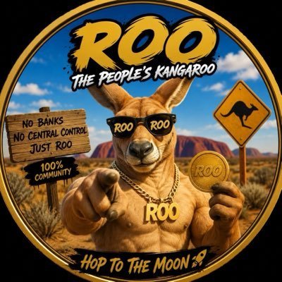 The image is a circular meme-style graphic featuring a muscular kangaroo wearing sunglasses, gold chains with "ROO" pendants, and pointing forward, set against an Australian outback backdrop with Uluru. Text overlays read "ROO THE PEOPLE'S KANGAROO," "NO BANKS, NO CENTRAL CONTROL, JUST ROO," "100% COMMUNITY," "HOP TO THE MOON," and the tag "@OfficialRooMoon," promoting the $ROO meme coin giveaway and Thursday launch mentioned in the post.
