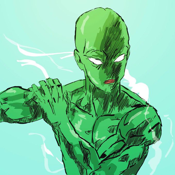 A muscular, bald green humanoid with white glowing eyes and a stern expression stands in a power pose with one hand raised against a light blue background. The image humorously visualizes the "frogs always jump" saying as a literal leaping green figure, transforming the idiom into a dramatic, ready-to-pounce character.