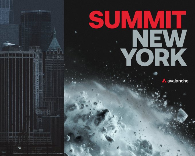 A promotional graphic for 'SUMMIT NEW YORK' by Avalanche, featuring a nighttime cityscape on the left and a cosmic asteroid/debris scene on the right.