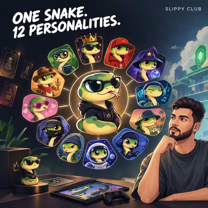 Promotional artwork titled 'ONE SNAKE. 12 PERSONALITIES.' by 'SLIPPY CLUB', showing a bearded man contemplating a circular arrangement of cartoon snake characters with different outfits and personalities, alongside a tablet, controller, and collectible figure.