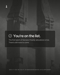 A dark, monochromatic promotional graphic for Standard Reserve's "Genesis Charter" features bold text stating "You're on the list," noting that the first batch of allocations is live with more to come. The accompanying caption explains this image previews a new interactive explainer built to visualize what happens to the protocol under various stress scenarios like demand disappearing or selling accelerating.