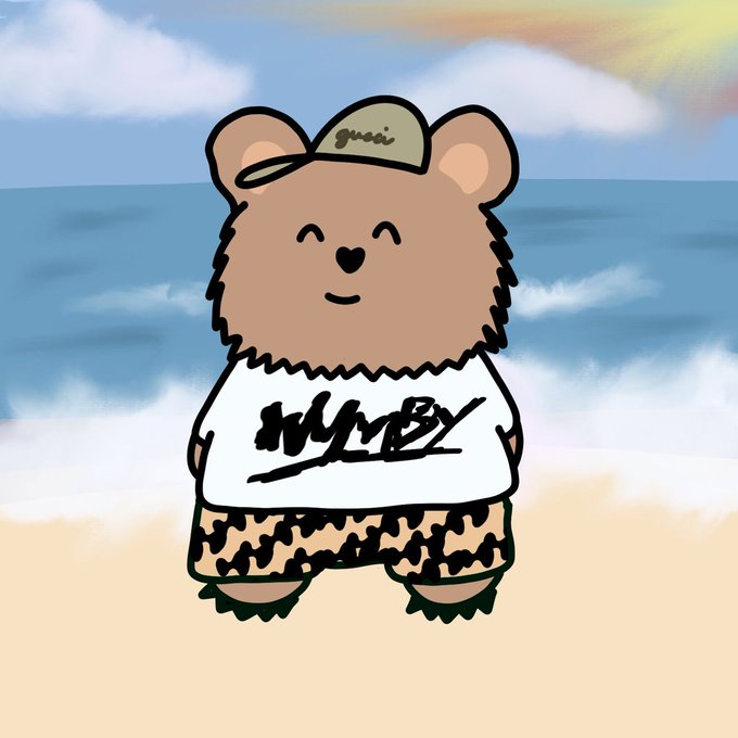 The image features a cartoon bear standing on a beach, wearing a white t-shirt with "HYPERLITIDE" written on it and black shorts with a leopard print pattern. The bear has a hat on its head that says "guji". The background of the image shows a beautiful ocean view under a blue sky with clouds.

The post is titled "Hyperliquid summer Drop evm addy", which suggests that this image might be related to a product or service named Hyper Liquid Summer Drop evm addy, possibly an advertisement for such a product or service.