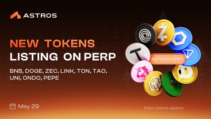 The image features a poster for Astros listing new tokens on Perp. The poster has an orange background with white text that reads "New Tokens Listing On Perp" at the top. Below this, there are illustrations of various coins, including blue, green, and yellow ones, as well as some other shapes like circles and triangles. These illustrations represent different types of tokens or coins. In addition to the text and images, there is a date and time stamp in the bottom right corner of the poster, indicating when the listing took place.