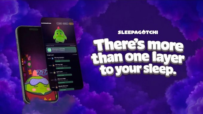 An advertisement for 'SLEEPAGOTCHI' displayed on phones against purple clouds, with the tagline 'There's more than one layer to your sleep.'