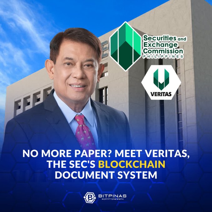 A news graphic from Bitpinas showing a man in a blue suit, the Securities and Exchange Commission Philippines logo, and the text 'NO MORE PAPER? MEET VERITAS, THE SEC'S BLOCKCHAIN DOCUMENT SYSTEM'.