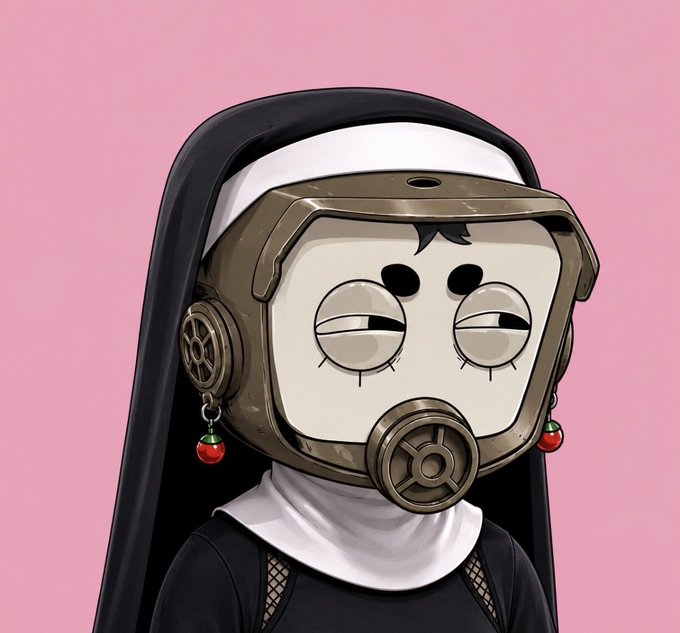 A stylized character resembling a nun with a gas mask helmet and dangling earrings is set against a pink background. The cartoonish figure appears as a playful NFT avatar, fitting the post's theme of tracking various NFT collection drops.