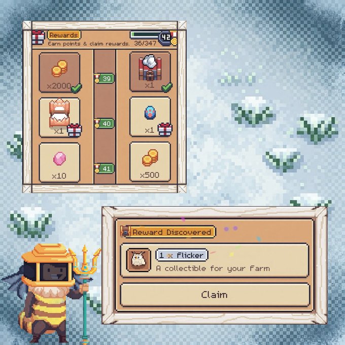 A pixel-art game screenshot showing a rewards menu with collectibles, gold, and gems (36/347 points earned), plus a 'Reward Discovered' pop-up for a 'Flicker' collectible, featuring a bee-like character in the corner.