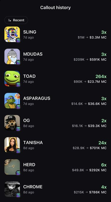 A "Callout history" screen displays recent trading calls including SLING, MDUDAS, TOAD, ASPARAGUS, OG, TANISHA, HERD, and CHROME, with TOAD showing the highest gain at 264x ($90K → $23.7M MC). The image visually backs up the post's claim of a 264x top callout with TOAD and a median 3x return across 114 total calls, showing a mix of 2x-6x performers plus the standout TOAD winner.