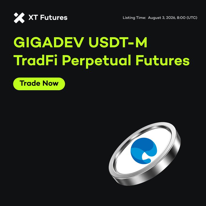 A promotional graphic for XT Futures announcing the listing of GIGADEV USDT-M TradFi Perpetual Futures, with a "Trade Now" button and a listing time of August 3, 2026, 8:00 UTC, featuring a 3D metallic coin displaying the GIGADEV blue logo—matching the post's announcement about the new TradFi sector listing.