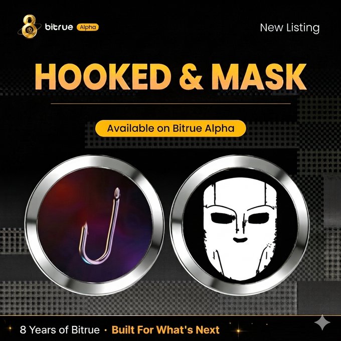 Bitrue Alpha announces the new listing of $HOOKED and $MASK tokens, featuring a hook and mask graphic alongside the tagline "Built For What's Next."
