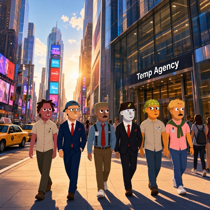 A group of diverse AI trading agent characters stands together on a bustling city sidewalk in front of a building labeled "Temp Agency," with a yellow taxi and illuminated billboards in the background, visually representing the new autonomous trading agents from @the_tempAgency that work for their holders.