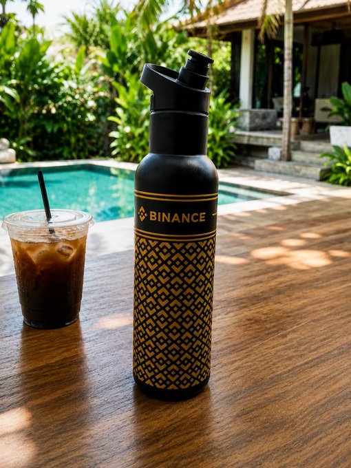 A sleek black and gold Binance-branded water bottle sits beside an iced coffee on a wooden table by a tropical pool, perfectly capturing the relaxed "weekend start protocol initiated." vibe.