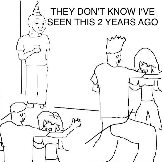A black-and-white line drawing meme with the text 'THEY DON'T KNOW I'VE SEEN THIS 2 YEARS AGO' showing a person in a party hat calmly holding a drink while a chaotic fight breaks out between Bart Simpson and another character in the background.