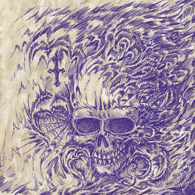 The image features a skull drawn in a sketchy style, surrounded by purple lines that give it an artistic touch. The skull appears to be smiling, adding a sense of personality to the drawing. The background consists of a patterned surface with various shades of blue and white colors, creating a visually appealing contrast against the skull's dark color. The image also includes a watermark that reads "Grateful to share with you guys my new Open Edition on @IMCollectibles_ Blue Luck Skull 1xrp Timelapse".