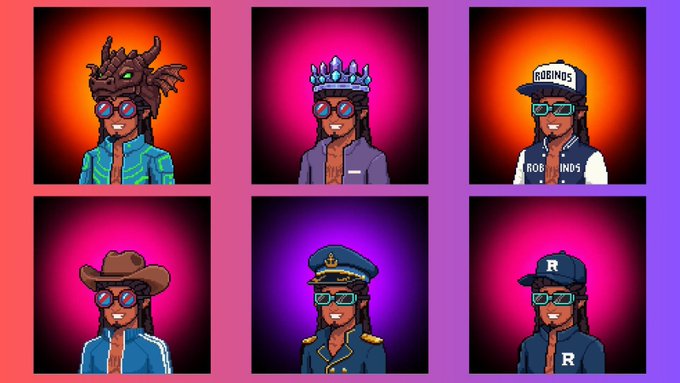 A grid of six cartoon avatars featuring a character with dreadlocks and sunglasses in various outfits including a dragon hat, crown, 'ROBINSONS' cap, cowboy hat, captain's uniform, and baseball cap.