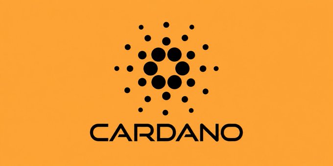 The image displays the Cardano logo—a hexagonal arrangement of black dots—alongside the "CARDANO" name in bold black text, all set against an orange background. The logo directly relates to the post, which announces that Cardano ($ADA) has officially integrated with the x402 toolkit, enabling AI agents and developers to pay for online services using ADA.