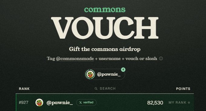 A screenshot of the "commons VOUCH" page titled "Gift the commons airdrop," showing instructions to tag @commonsmade + username + vouch or slosh, with the user @pawnie_ ranked #927 and 82,530 points, reflecting the post's incentive to earn vouches in exchange for sharing half of their airdrop.