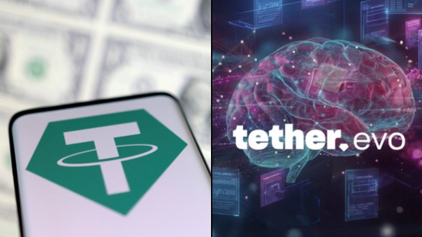 The image is split into two panels: the left shows the Tether (USDT) logo on a smartphone against a backdrop of U.S. dollar bills, while the right displays "tether.evo" branding alongside a glowing digital brain illustration, visually reinforcing Tether's expansion from stablecoin issuer into AI-powered neurotechnology with products like BrainWhisperer.